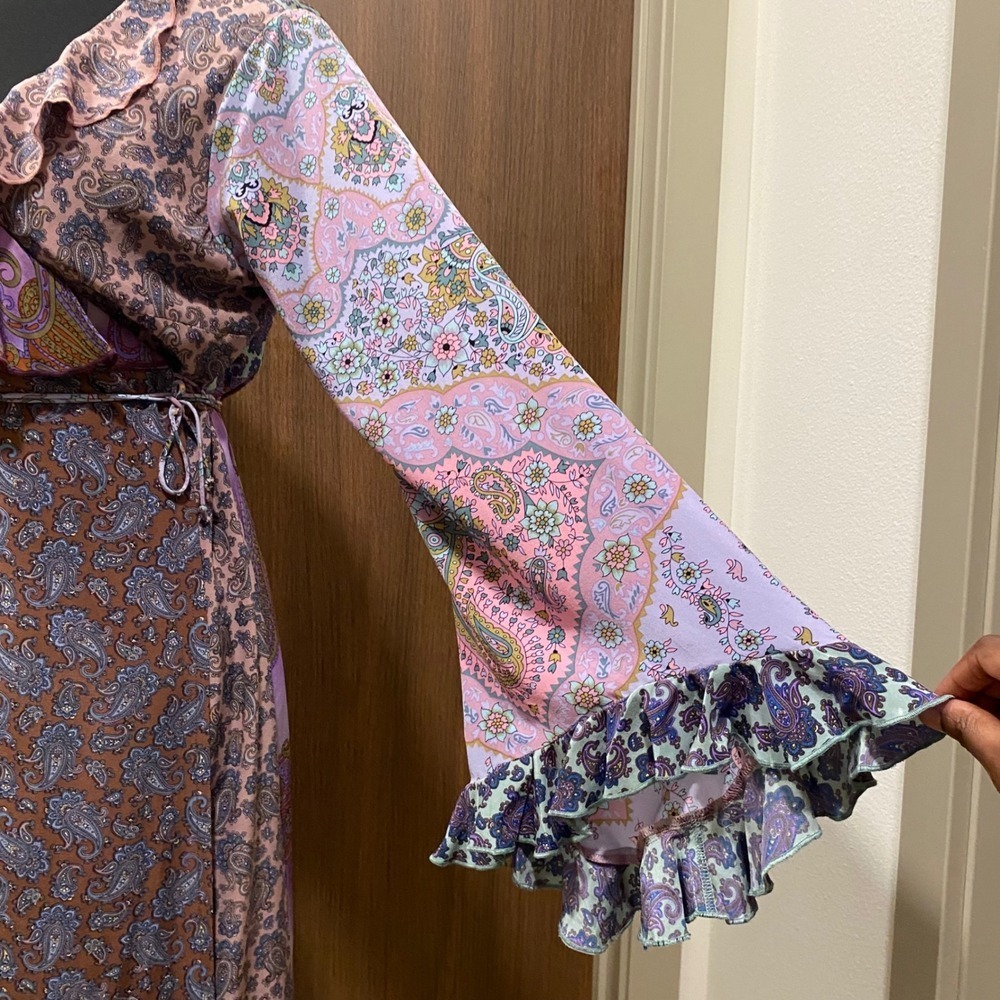 PLENTY by Tracy Reese Vtg Silk Wrap Midi Dress 12 Purple Satin Paisley Floral - Picture 12 of 17